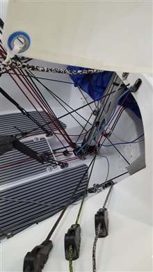 Cleats mounted on forward sidedeck for use by crew on GBR4078 at the 2020 Dinghy Show