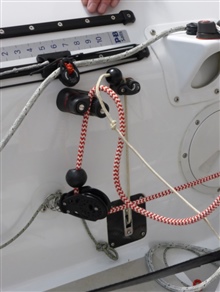 Adjustable mainsheet bridle seen exiting the sidetank on World Champion GBR4004 - the boat of World Champions Graham Vials & Chris Turner at the 2016 Dinghy Show