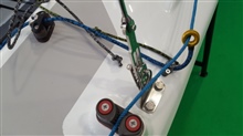 Conventional spinnaker guy cleat and twinning line arrangement on GBR4078 at the 2020 dinghy show